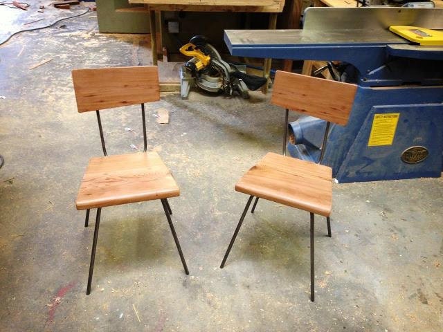 Modern Chairs (pair) - Brushed Steel & Salvaged Wood