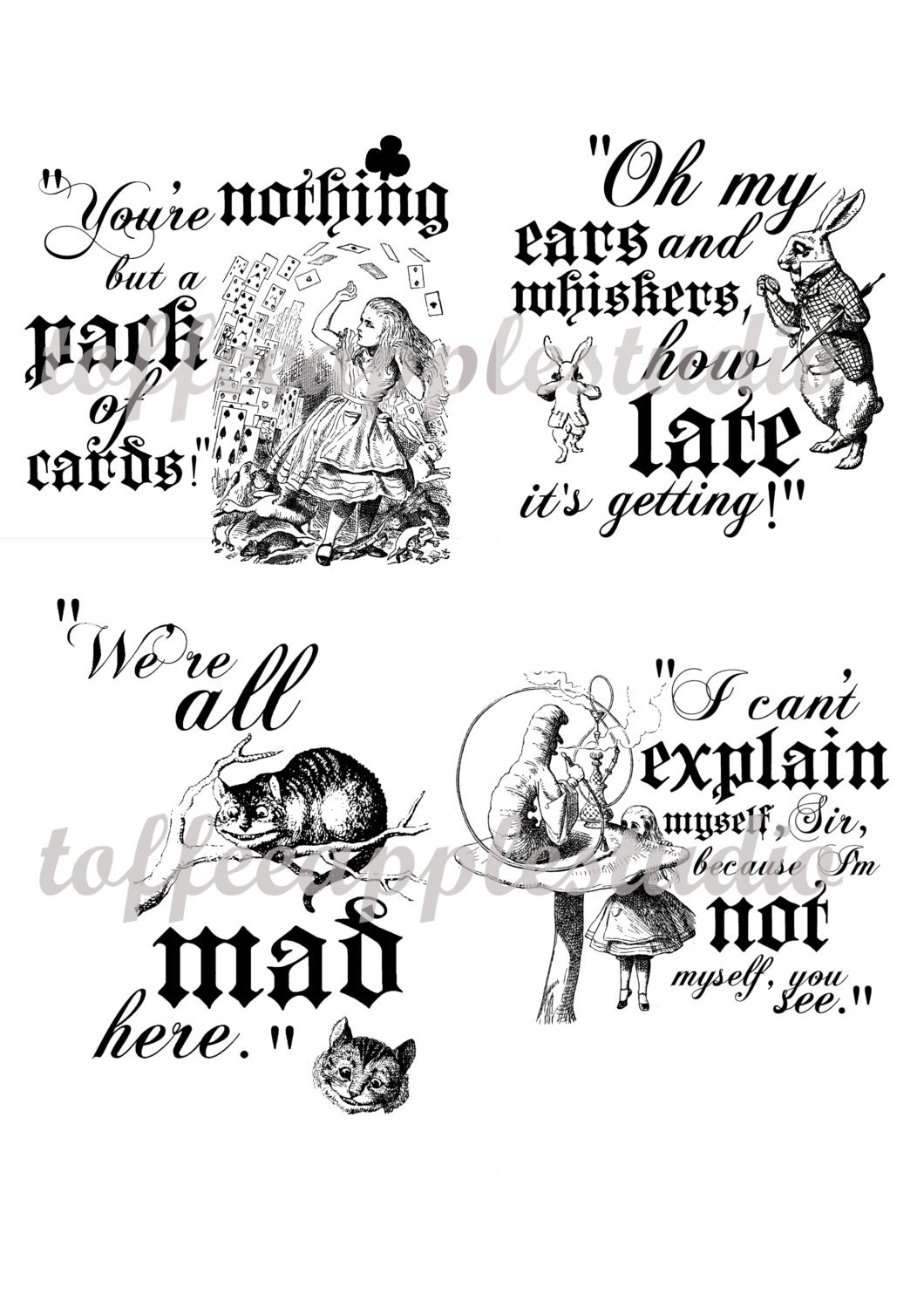 Alice In Wonderland Waterslide Decal Sheet 8.5 x 11 book Text Quote Sheet Supplies Ceramic Metal Plastic Stone Buy Four Get One Free