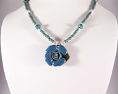 Blue flower pendant handmade beaded necklace, beadwork