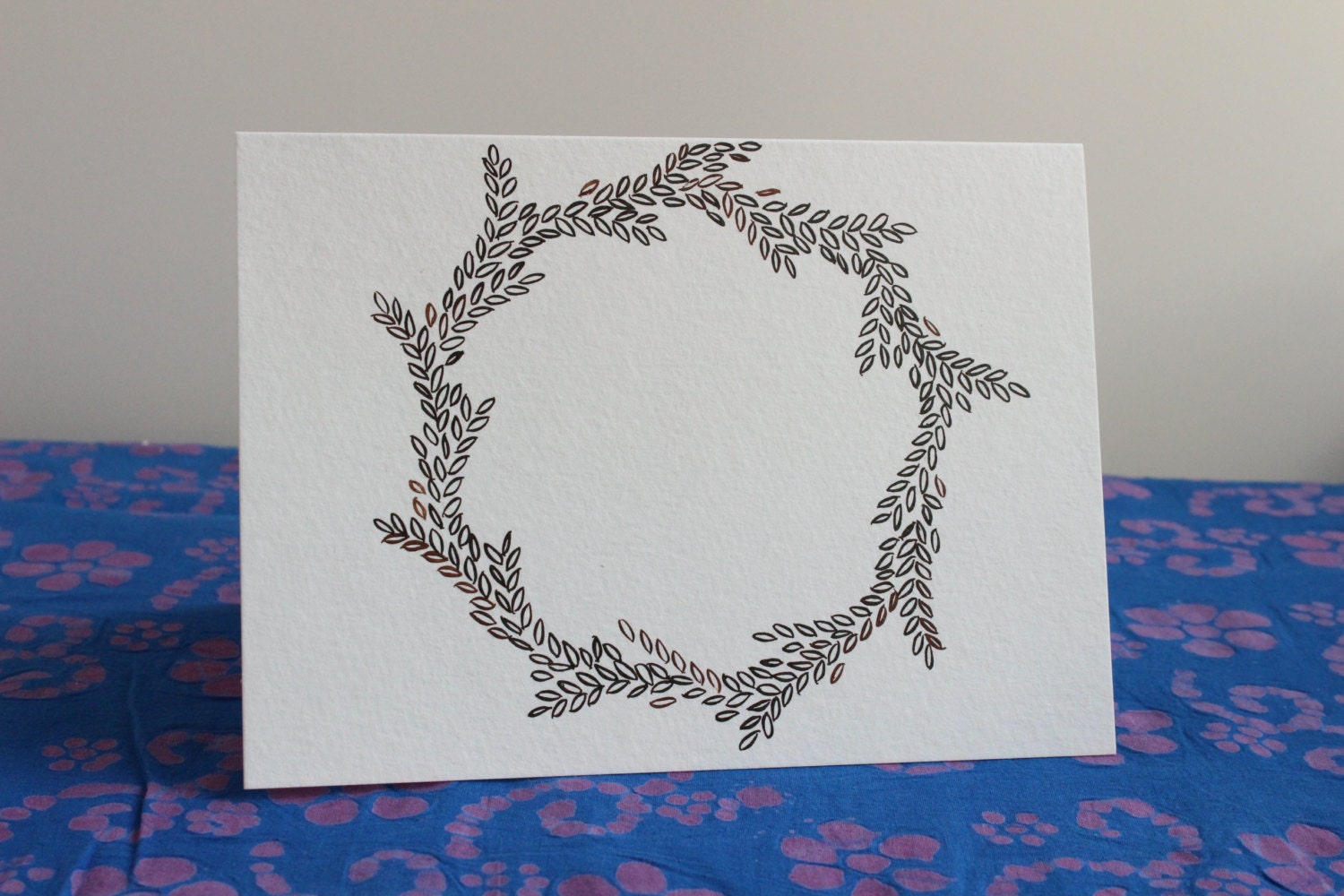 Personalized Greeting Card. 5x7 Hand Inked. One of A Kind. Wreath of Leaves Sepia Circle