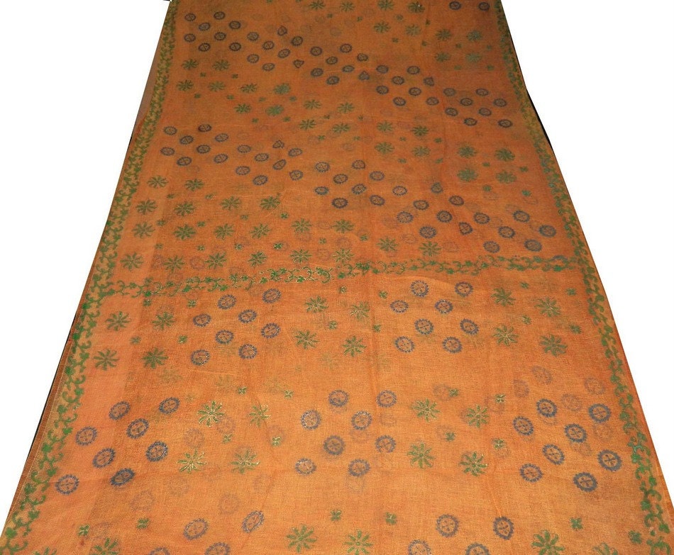 100% Pure Cotton Vintage Orange Saree Used Old Wrap Quilt Home Decor Scrap Sewing Recycled Floral Printed Fabric Dress Crafted Sari Border