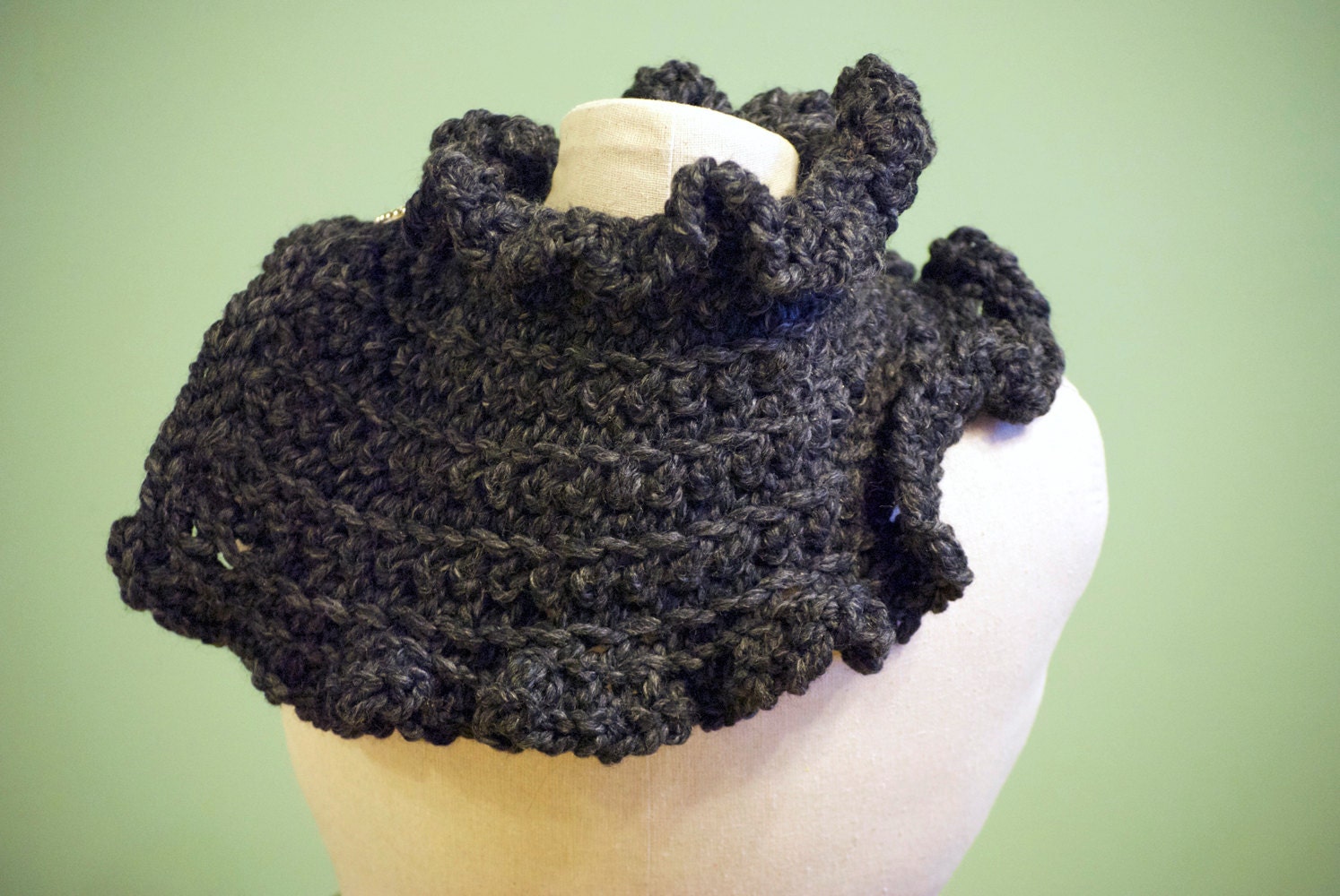 Hand Crocheted "Charcoal Grey" Neck ruffle, 20/80 Lambs Wool and Acrylic Blend, with Italian made sparkle fashion Button