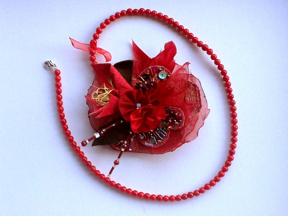 Handmade Floral brooch with necklace, leather, sequins, beads, burgundy feathers, fabric, blood red organza ribbon and gold thread