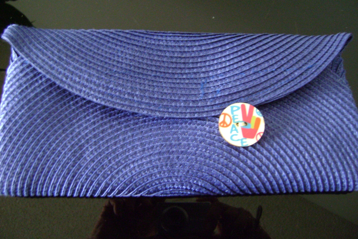 Ocean Blue lined Clutch, Cute, Washable, Upcycled placemat, fully lined, peace sign, button ,gift