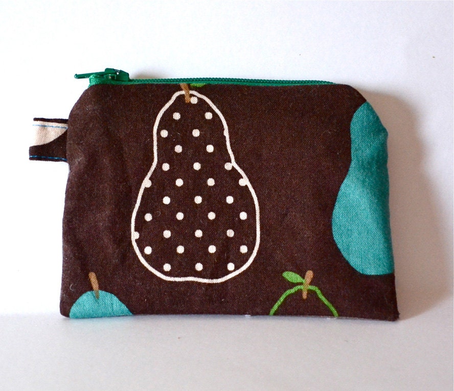 Petit Pears ... teal green chocolate ivory lined zipper pouch . wallet