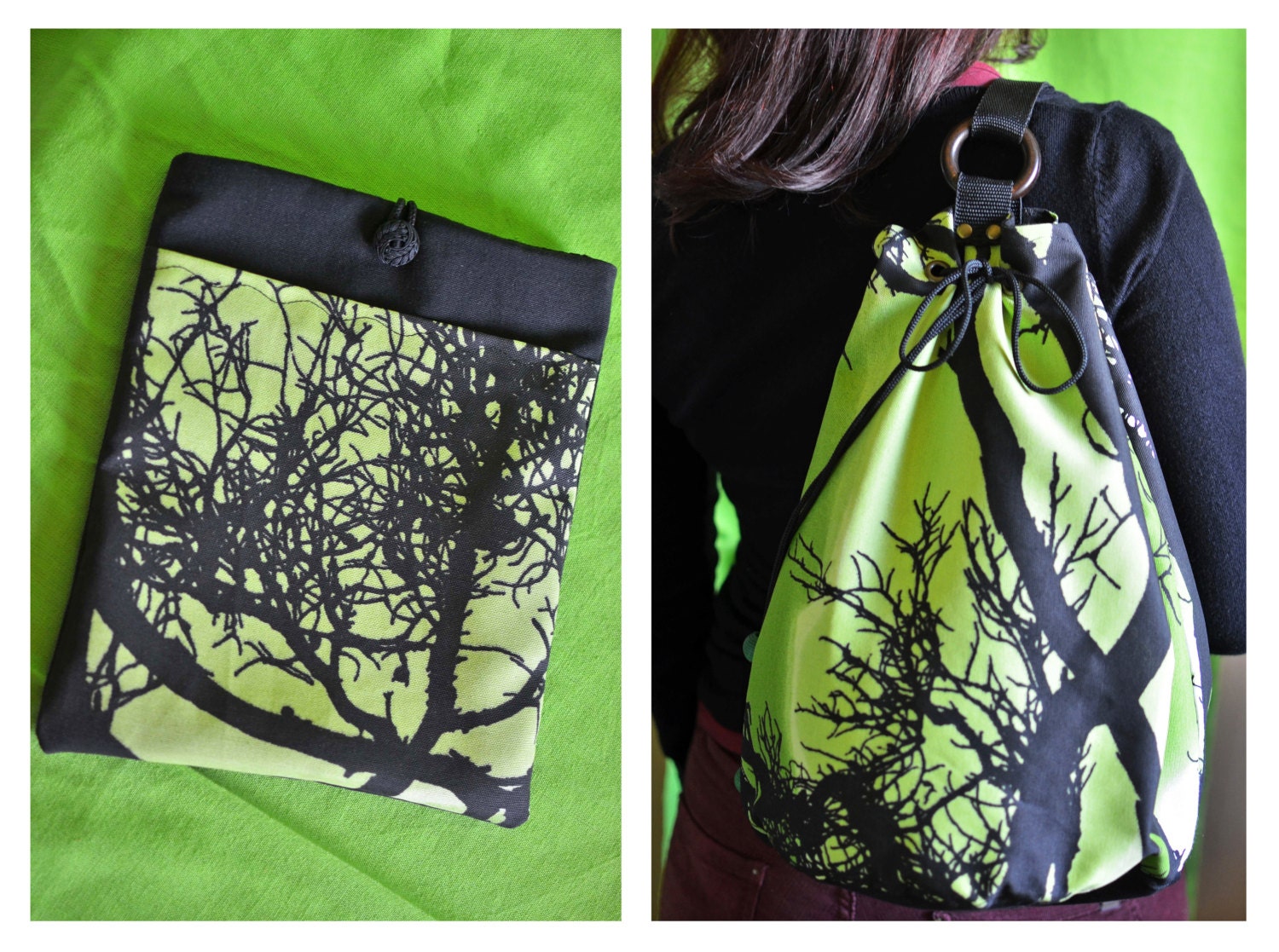 Black and Green Cotton Bag Purse Gym bag Tree design With Matching Ipad sleeve