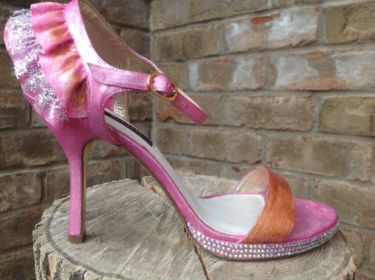 SALE Wedding Prom OOAK Hand Painted Swarovski Crystal Embellished High Heel Platform Sandals, Women's US Size 10M (Eur 40)