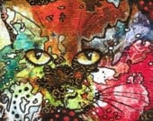 Cat ACEO Limited Edition Print, Fire Cat portrait.  Team madcap, Hand Finished, from original miniature ACEO painting,  Vallance