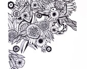 Chicken Flower Serigraph, Limited Edition 12x18 Print in Black