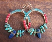Blue Apatite Red Coral Turquoise Lapis Stone Chip Gemstone Bead 14k Gold Filled Wire Wrapped Spike Bead Hoop Earrings Southwest Red Blue