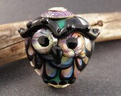 Big Hole Bead Owl - Handmade Lampwork Glass Cored Focal - Purple Brass Caps - Peggy Sudz Lampwork