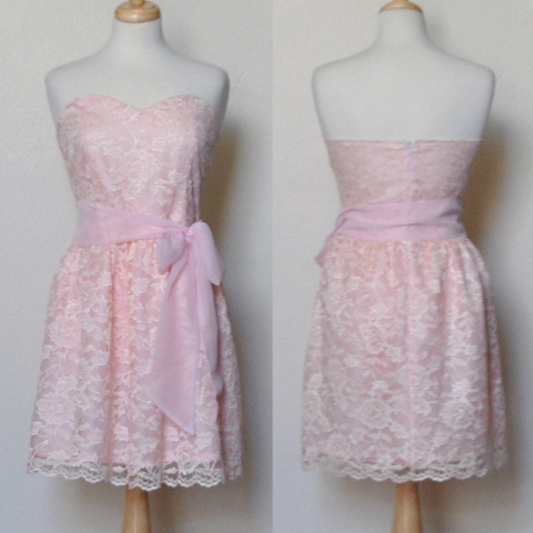 LYON (Peach) CUSTOM FIT: Peach pink strapless lace dress, sweetheart neckline, shirred skirt, chiffon sash, party, day, bridesmaid