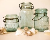 Beach Photography, VIntage Jars, Fine Art, Mason Jars, Old Jars, Atlas Jar,  Aqua, Seashells, Beach Art, Cottage Art, Art Print