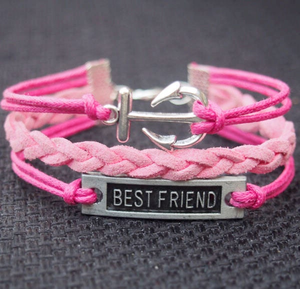 Anchor & Best Friend Bracelet Charm Silver Pink White Imitation Leather Braided Bracelet-Best Personalized Women Friendship Jewelry