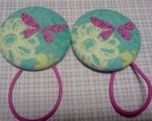 Fabric Covered Button Ponytail Holders - Butterfly design- Set of 2 Hair Elastics