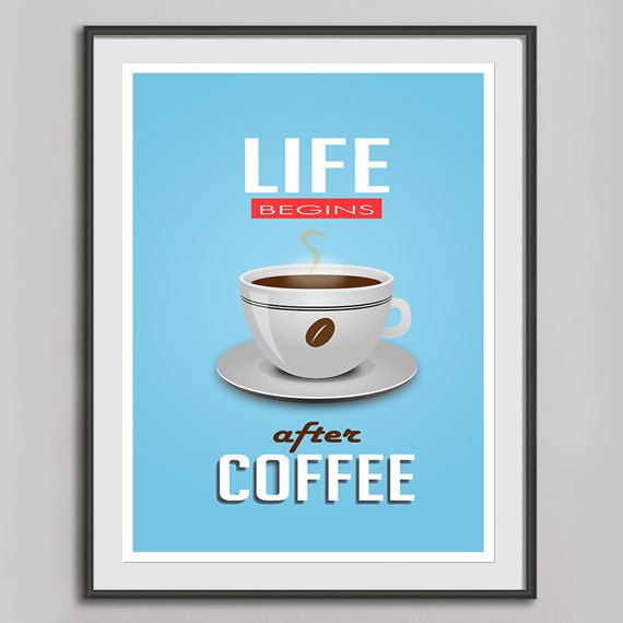 Retro Coffee Poster A3, Kitchen Art, Typography Mid Century Modern, Cathrineholm, Vintage Print Blue Poster, Quote Life Begins After Coffee