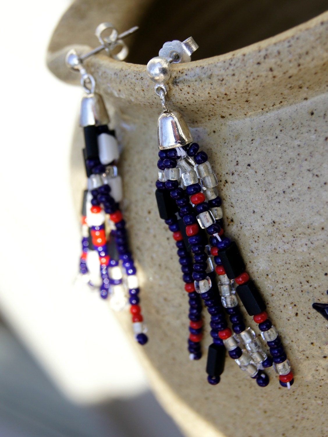 Free Shipping VINTAGE  (Unused NEW) Czech Crystal Glass Red, White, Blue, black Seed Boho Earrings