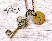 Hand Stamped Personailzed Initial Vintage Skeleton Key Charm Necklace