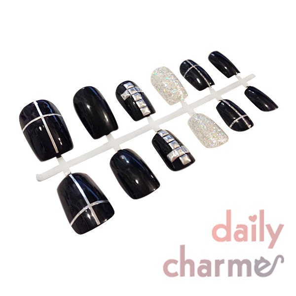 Punk Black Studded False Nails with Cross, Nail Tape, Silver Holo Glitter Accent Nail. Cool & Stylish