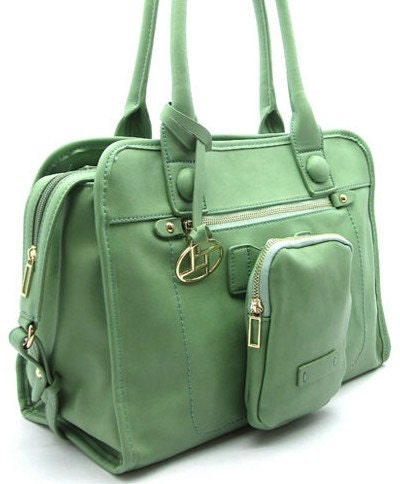 DSLR Camera Bag Purse Zipper Closure -Mint Green Faux Leather-Large Satchel- iPad Sleeve-Custom padded camera bag insert by Snugglens