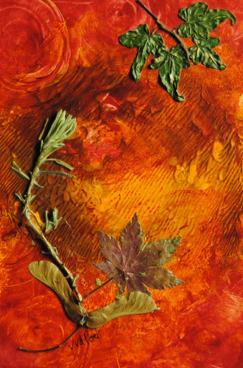 It's Autumn - 6 x 9 mixed media painting, red orange wall art
