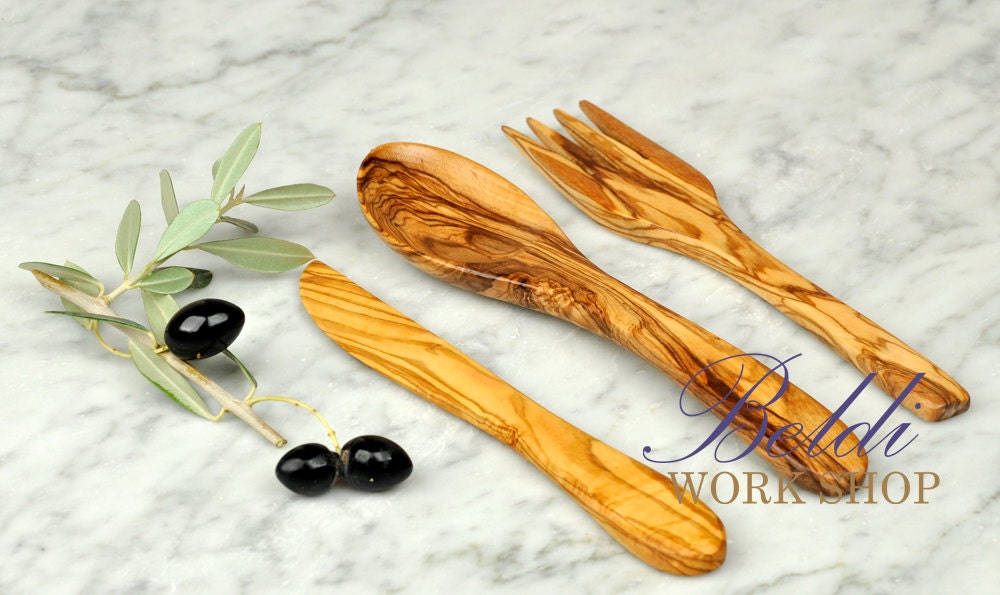 Handcrafted Olive  Wood Cutlery Set of Three : Table Fork, Table Spoon, Butter Knife