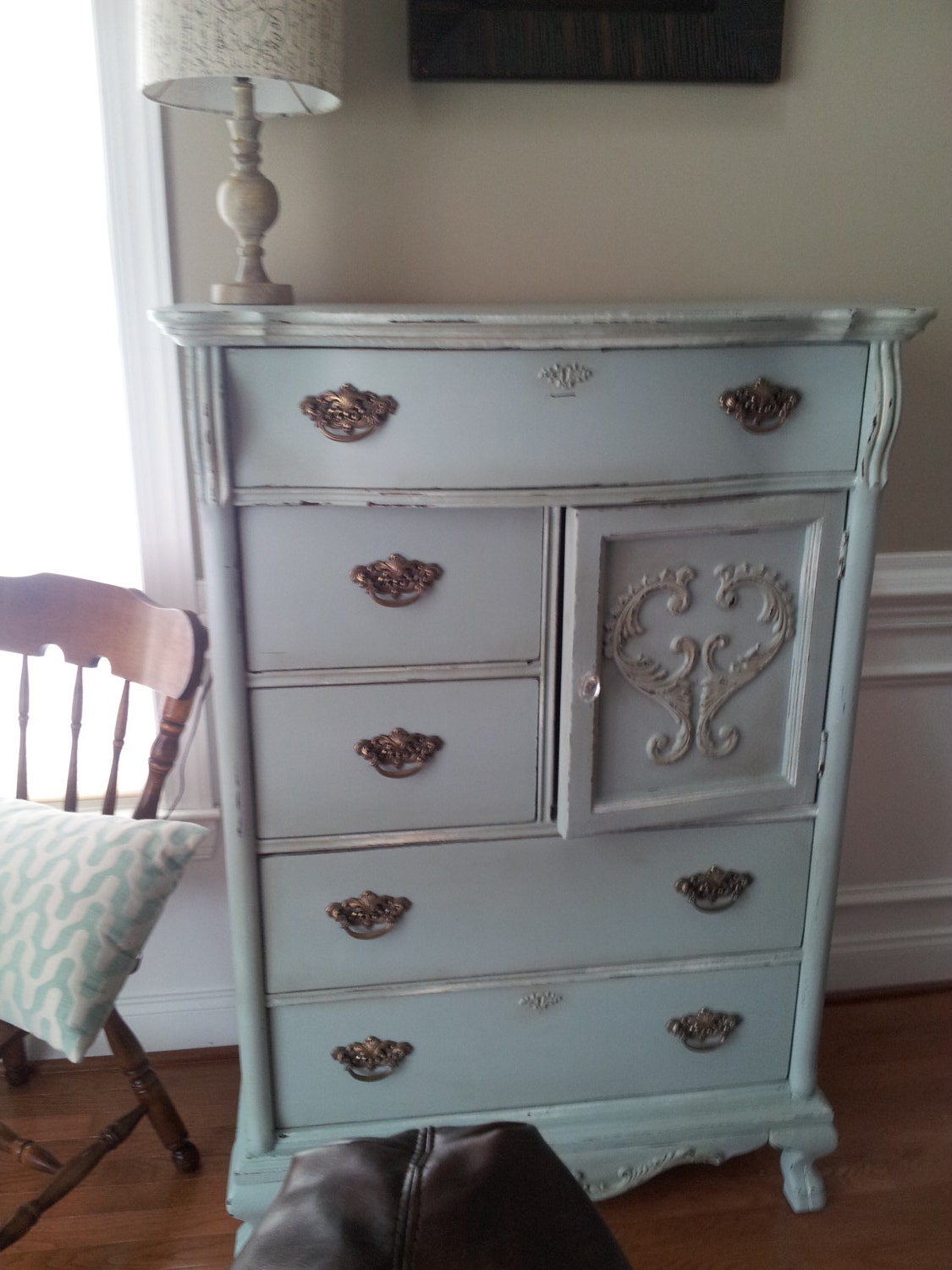 Victorian Bowe front tall distressed  Blue Dresser  with Claw Feet French Cottage