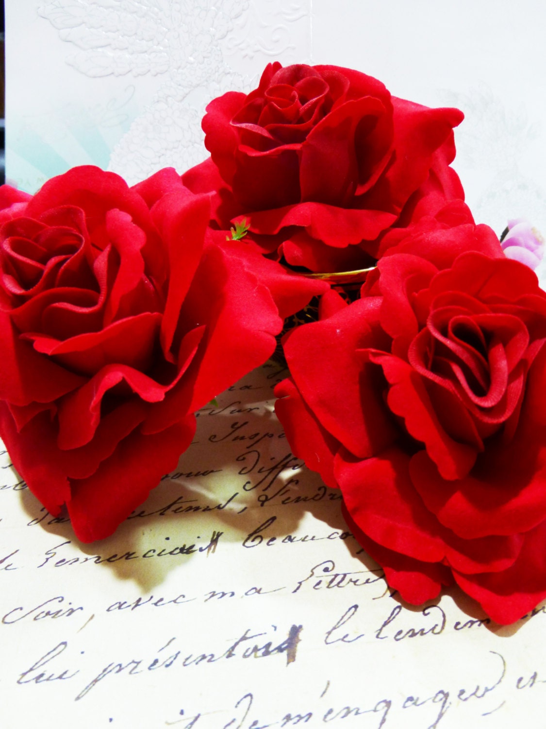 3 Red Roses Artificial Silk Flower Heads
