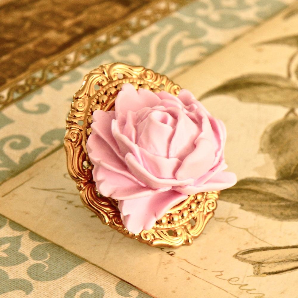 Pink Floral Ring Statement Jewelry Bridesmaid Ring Wedding Jewelry Cocktail Ring Rose Ring Vintage Style Ring Flower Ring