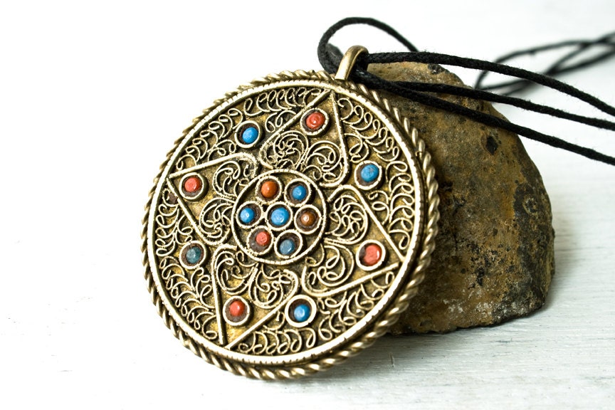 Vintage Tibetan Necklace, Tibetan Pendant Necklace, Silver Ornate Pendant With Cotton Cord,  Exotic Summer Fashion