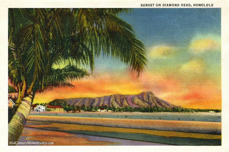 1930s Waikiki Hawaii Retro Poster, Sunset on Diamond Head Honolulu Vintage Print Art Photo Midcentury Modern, 12x18 inches Old Hawaiian era
