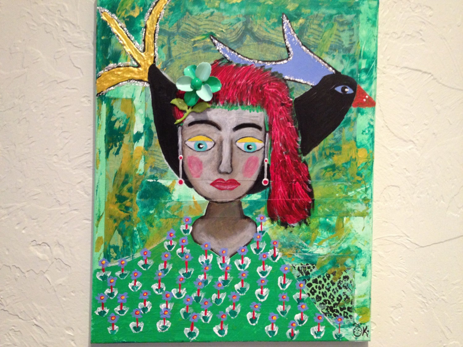 Large original mod modern painting bright bold colorful folk art acrylic girl woman flowers bird art:  "The Foundation"