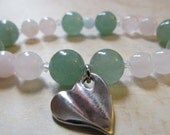 Green Aventurine, Rose Quartz and Aquamarine Gemstone Stretch Bracelet and Heart Charm - Free Shipping