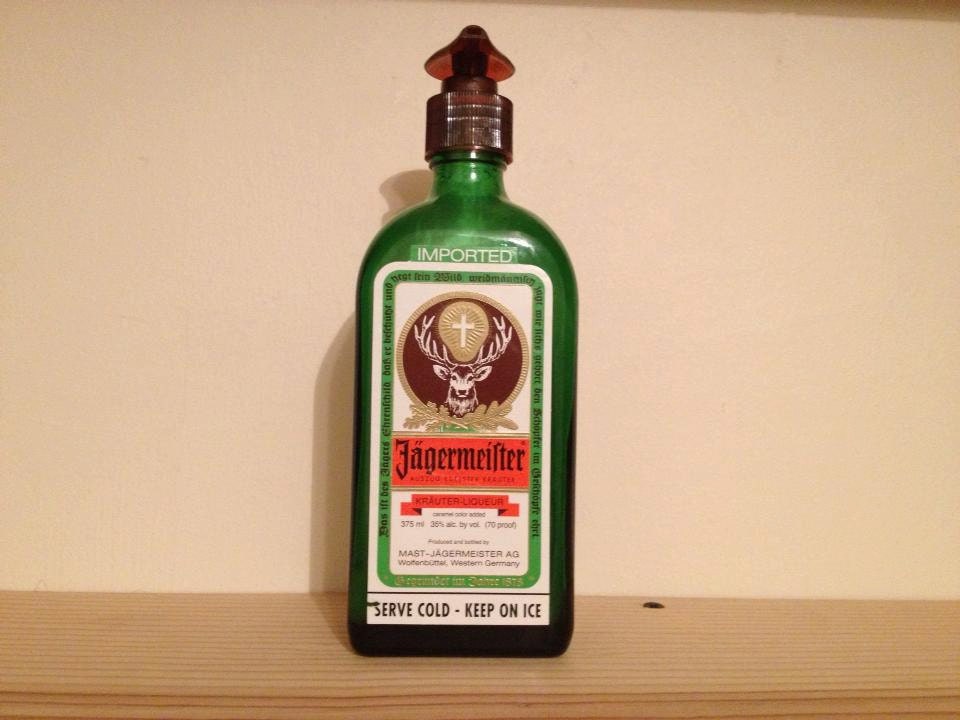 Soap dispenser made from a recycled Jager liqour bottle