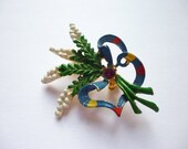 Vintage Costume Jewellery Ornate Lucky Heather Multi Colour Enamel Purple Rhinestone Set Gold Colour Metal Brooch