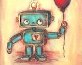 Nursery Art: Robot's Red Ballon- limited edition 8x10 giclee canvas print