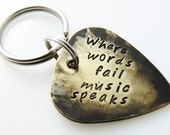 Hand Stamped & Antiqued Copper Guitar Pick Keychain - "Where words fail music speaks" key chain with name / date