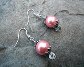 Wire Wrapped Spiral Pink Glass Pearl Earrings - pearl jewelry, wedding jewelry, wire wrapped jewelry handmade, bridal earrings, dangle