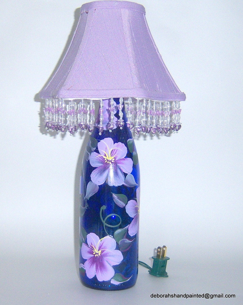 Cobalt Blue Wine Bottle Lamp w/Shade Hand Painted Flowers Upcycled Gift Bedroom Bath Table Light Home Decor Wine Bottle Lamp