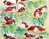 Original Contemporary Fine Art Print, Cluster of Brown, Black, and White Birds, Organic Nature Scene ,16.5x11.67 inches
