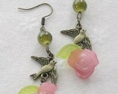 Bird Earrings / Spring Earrings / Pink Rose Earrings / Pink Flower Earrings / Handmade Brass Bird and Flower Earrings