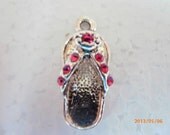 Silver Pewter Sandal/Flip Flop Charm with Indian Pink Swarovski Flatbacks