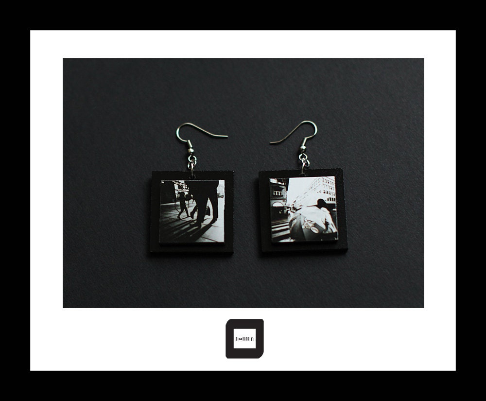 Minimalistic, abstract, geometric,black and white, handmade, statement, drop earrings - with b&w streetphoto