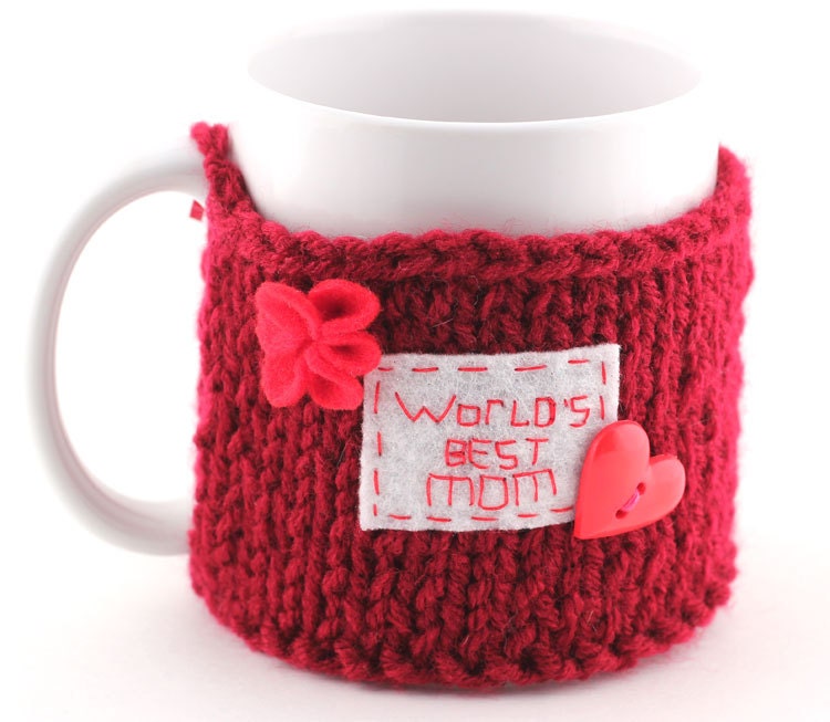 Coffee Tea Mug Cup Cozy Sleeve - Knit World's Best Mom, Mother's Day cozy with flower and heart