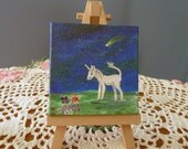 Unicorn and a comet, Original painting on canvas, mini art