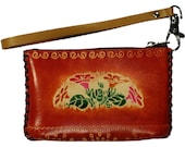 Beautiful & Unique Handmade Embossed Leather Rectangular Wristlet / Change Purse w Colorful Flowers - MEDIUM BROWN - Hand Sewn