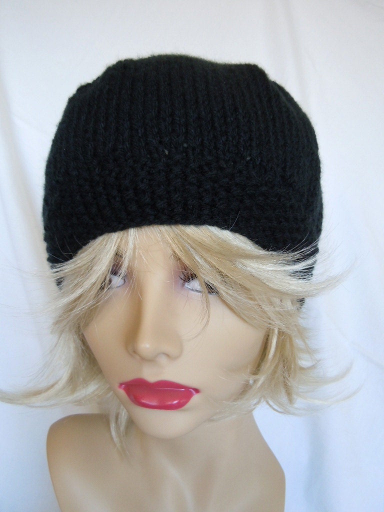 Knit Hat Handmade BLACK knitted Beanie SkullCap