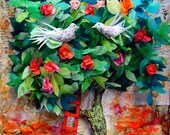 Green tree with two birds in love - mixed media original artwork
