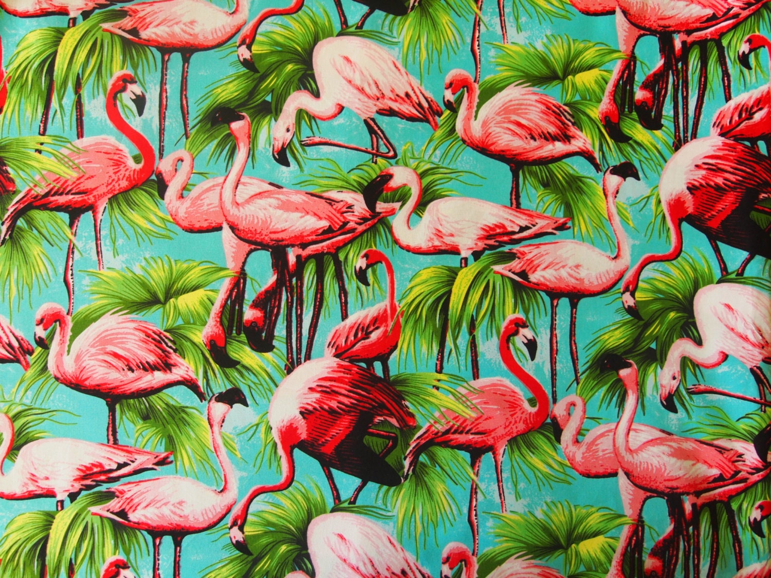 Sky Blue & Pink Flamingo 100% Cotton Fabric Metre Meter -  1m x 1.1m - 39.2" X 43.2" - Vintage Retro Fat Quarter FQ Bird - NoodlesAndThread