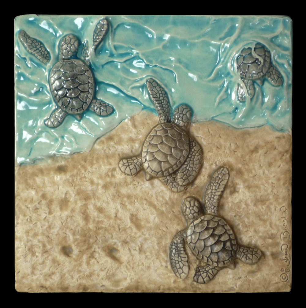 Ceramic tile, 6x 6 inches, sculpted  Baby Green sea turtles
